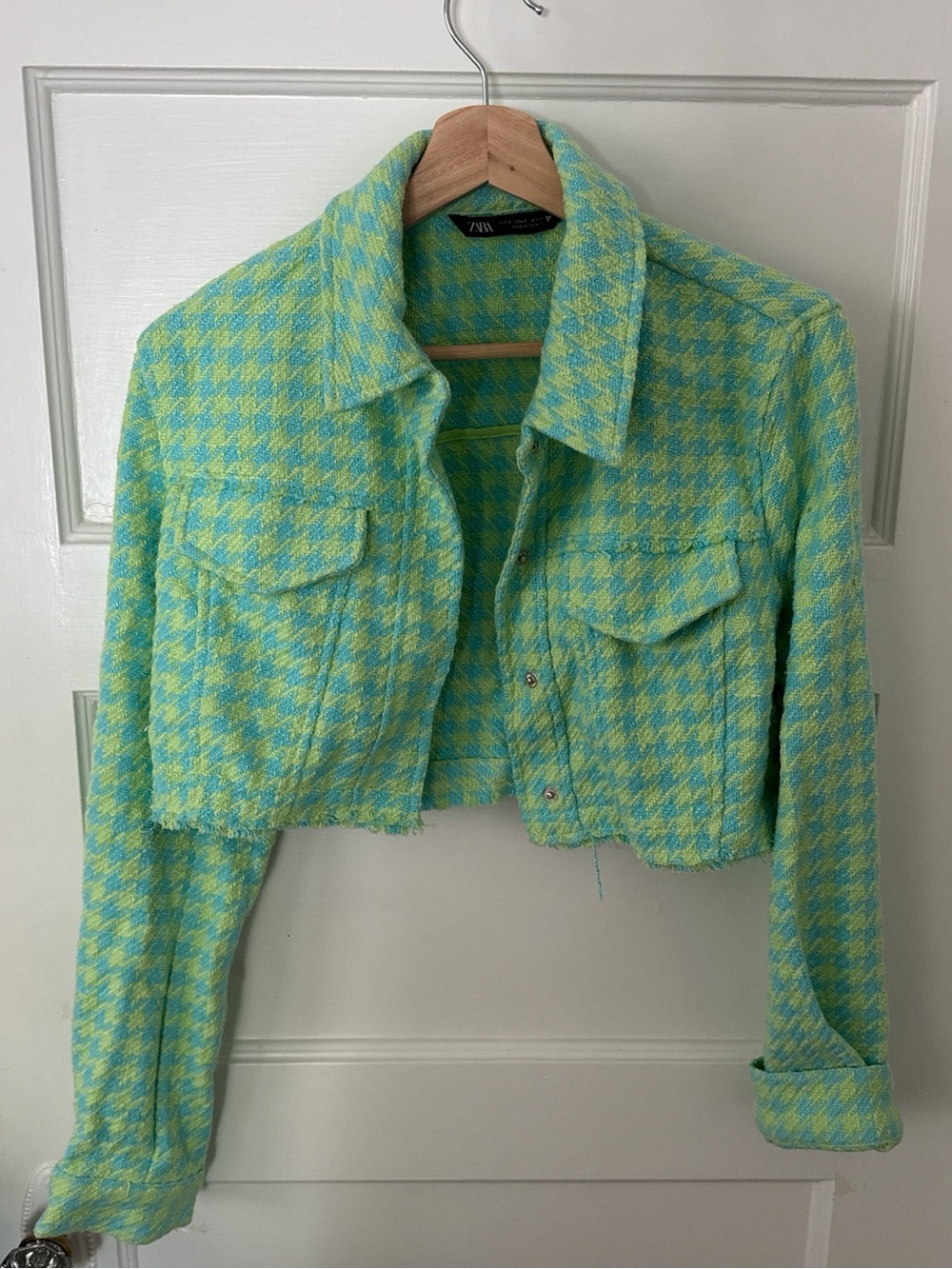 Zara Cropped Houndstooth Jacket in Lime & Aqua